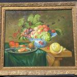 Framed, oil on canvas, fruit on table still life.