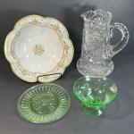 LOT 27: Vintage Japanese Bowl, Crystal Pitcher and Green Depression Glass