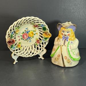 Photo of LOT 26: Vintage Shawnee Pottery Bo Peep Pitcher + Decorative Plate Made in Italy