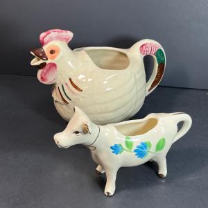 Photo of LOT 23: Shawnee Pottery Rooster Pitcher + Vintage Cow Pitcher