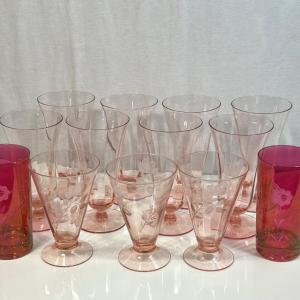 Photo of LOT 32: Pink Depression Glass Footed Glasses & More
