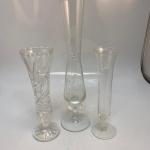 Set of Three Vintage Cut Etched Crystal Glass Floral Bud Flower Vases