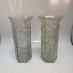 Pair of Similar Cut Etched Crystal Flower Vases Sawtooth Edge Different Floral P
