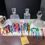 Crystal Decanters and collection of plastic stir sticks