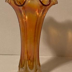 Photo of Marigold opalescent carnival ribbed stretch glass swung vase 9 1/4" tall