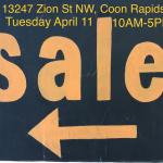Garage Sale 13247 Zion St NW, Coon Rapids, MN, Tuesday April 11, 10am-5pm