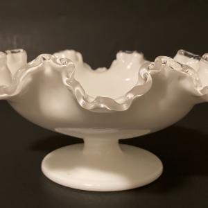 Photo of Vtg. Fenton Silver Crest milk glass compote pedestal candy bowl ruffled edge