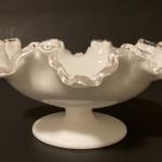 Vtg. Fenton Silver Crest milk glass compote pedestal candy bowl ruffled edge
