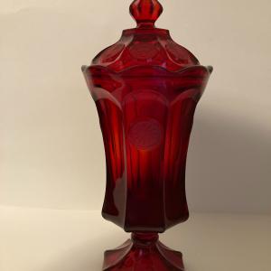 Photo of Fostoria 13" ruby red coin covered apothecary jar 13"