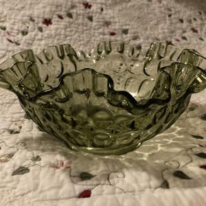 Photo of Vtg Fenton Thumbprint green glass fluted ruffled edge bowl 8"