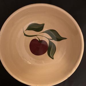 Photo of Vtg  9 1/2" 3 leaf apple bowl oven ware  73 USA green stripe