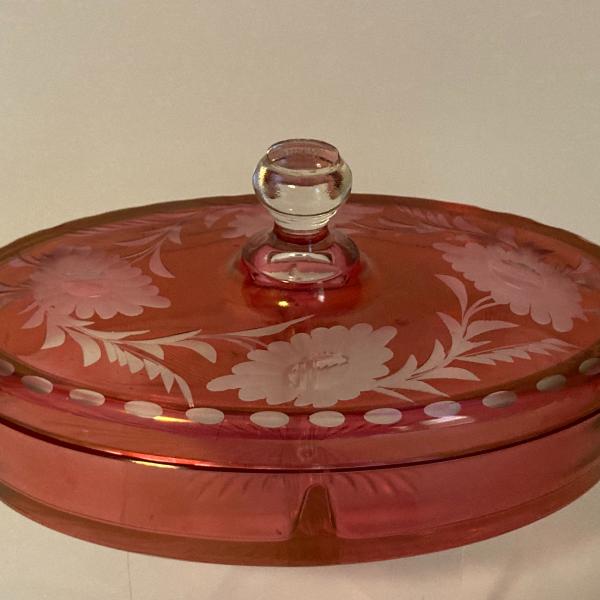 Photo of 2 pc divided dish floral top etched rose color