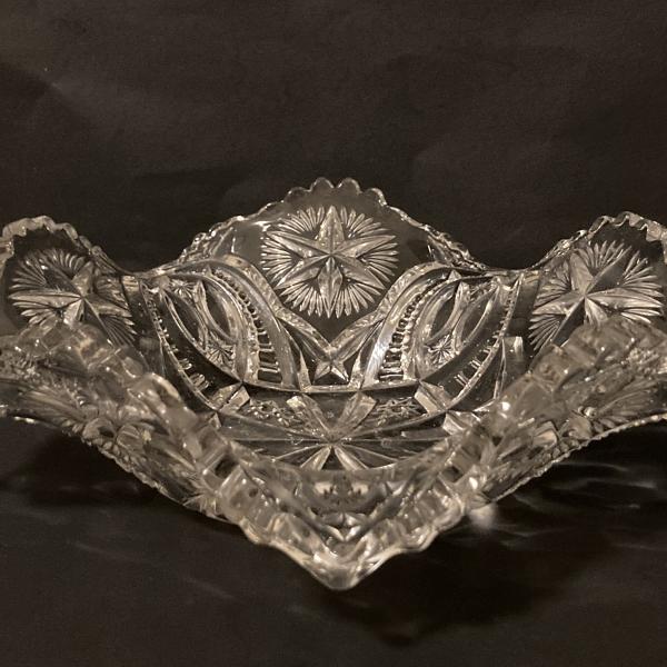 Photo of Vintage pressed glass bowl star pattern ruffled sawtooth rim -STUNNING!