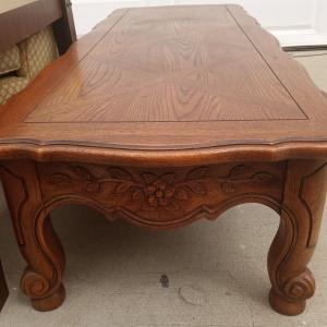 Photo of Vintage Long Carved Wood Coffee Table with Drawer