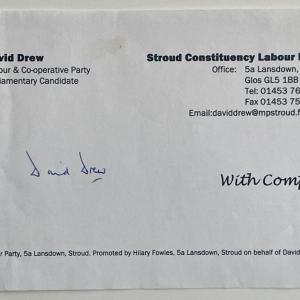 Photo of Parliamentary candidate David Drew signed note