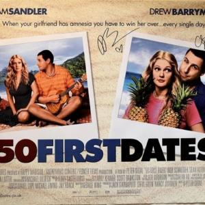 Photo of Adam Sandler and Drew Barrymore signed "Fifty First Dates" promo poster