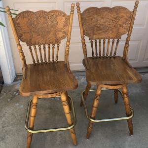 Photo of Pair Oak Swivel Barstools