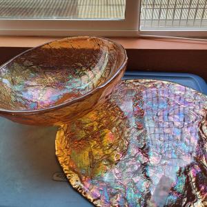 Photo of Gold irridescent Glass serving platter  and bowl