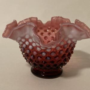 Photo of Fenton Cranberry Opalescent hobnail glass Rose Bowl 