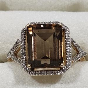 Photo of 14 k diamond and brown quartz ring, size 7.