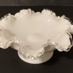 Vtg Fenton Silver Crest milk glass compote pedestal candy bowl ruffled edge 