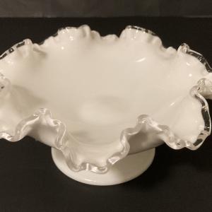 Photo of Vtg Fenton Silver Crest milk glass compote pedestal candy bowl ruffled edge 