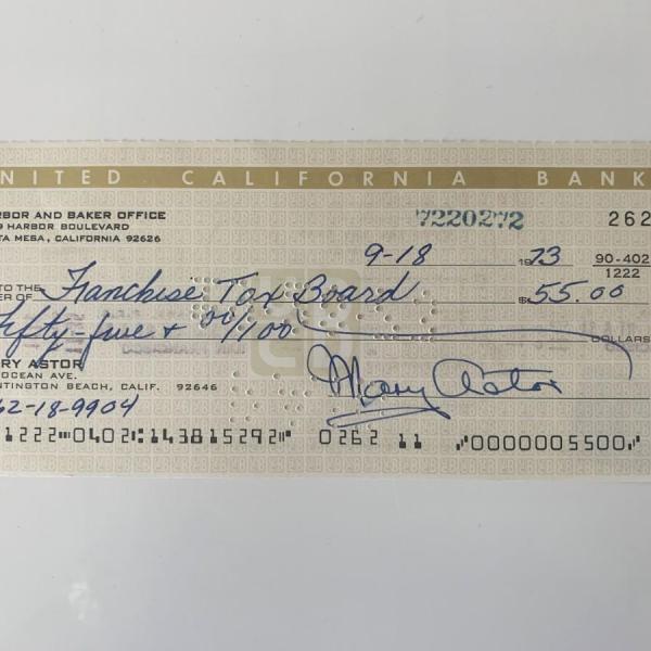 Photo of Mary Astor signed check 