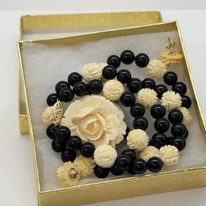 Photo of LOT 45: Carla Carved Roses and Onyx Bead Necklace & Earring set w/ 14K Posts and