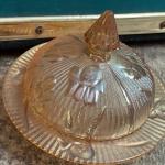 Marigold carnival glass covered bowl