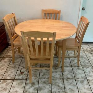 Photo of Light finished Wood Table and Chairs Set Drop leaf style, 39” high, 42” roun
