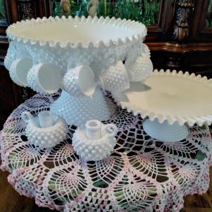 Photo of Vintage Fenton punch bowl and cake plate and candle holders 
