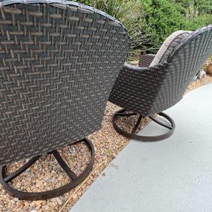 Photo of Pair of Outdoor Patio Poolside Comfortable Swivel Armchairs & Round Outdoor Side