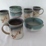 Signed Folk Art Stoneware Mugs and Bowls (B2-BBL)