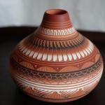 SUSAN CHARLIE NAVAJO POTTERY CARVED RED CLAY POT WITH FEATHER PATTERN
