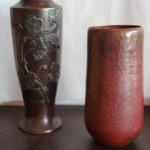 EXCELLENT BRONZE VASE 10" WITH RELIEF OF FLORAL & HAMMERED COPPER & FUSED COLORE