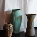 GROUPING OF POTTERY VASES. TWO ROSEVILLE / 1920=30'S