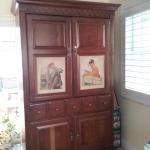 King bedroom set; Norman Rockwell armoire; Hand Painted curio cabinet