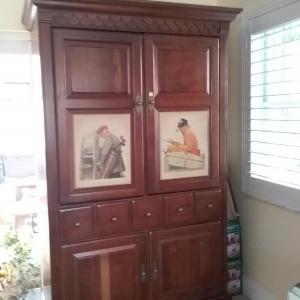 Photo of King bedroom set; Norman Rockwell armoire; Hand Painted curio cabinet