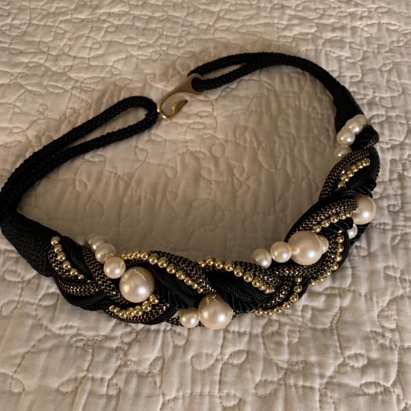 Photo of Women's Vintage Black Rope Belt by Motion East, Size S/M, Pearl & Gold Accents