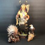 LOT 131M: Jaymee's Collection American Indian w/ Buffalo Sculpture, Headdress Fi