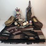 LOT 129M: Southwest:  Blanket, Moccasins, Miniature Pottery, Spirit Feather, Pai