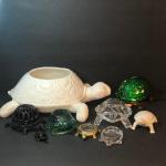 LOT 175M: Whittier Potteries MCM Turtle Planter (Calif), Cast Iron Yarn Holder, 