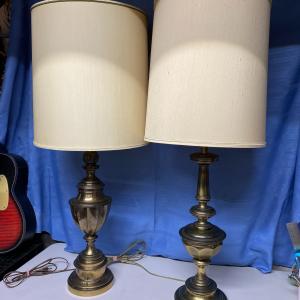 Photo of 2 Large Vintage Brass Lamps with Shades 