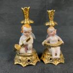 Pair of Vintage Gold Gilt Cherub Angels Playing Instruments Tiny Candle Holder B