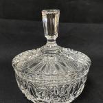 Vintage Hollywood Regency Glam Cut Crystal Glass Lidded Candy Trinket Powder Dis