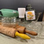 LOT 62R: Jadeite, Fire King, Mushroom Trivets, Cookie Press Roller and More
