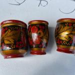 Set of Three Vintage Hand Painted Khokloma Wood Mini Vases