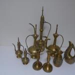 Vintage India Brass Tea Pot, Water & Oil Pitchers & Candle Holders 