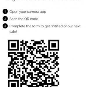 Photo of QR code. Scan with your phone to subscribe to our email list and be notified of 
