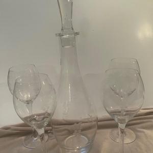 Photo of 4 Etched Wine Glasses And Wine Decanter. Glasses Are Almost 9” High. Decanter 